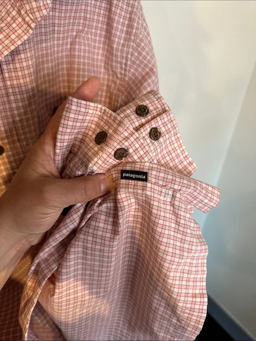 Patagonia Pink and White Check Long-Sleeve Button Shirt